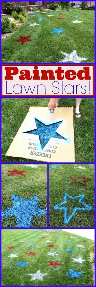 A piece of old cardboard with a star cut out, some construction marking spray paint is all you need to make your yard look patriotic this summer! Great idea -