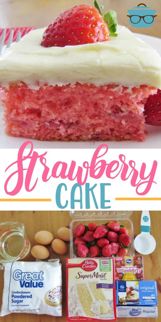 This Easy Fresh Strawberry Cake starts with a boxed cake mix, strawberry jell-o, fresh strawberries and is topped with cream cheese frosting!