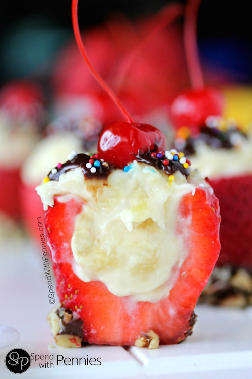Make a banana split inside strawberries - this looks delicious! 
