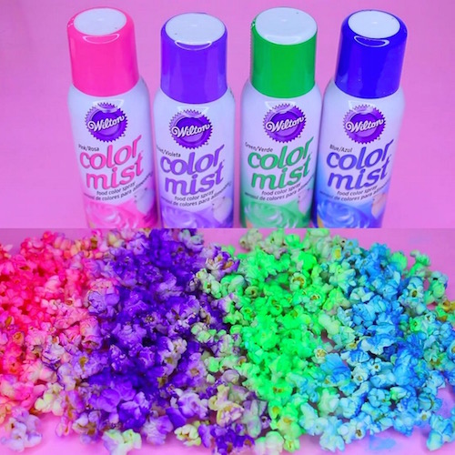 Make neon popcorn with food coloring spray! FUN! 