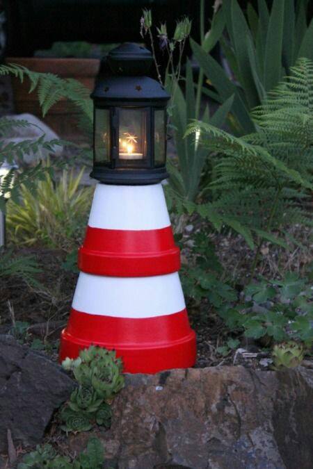 How to make a solar lighthouse (or a lighthouse with a candle) using terra cotta pots. Neat! 