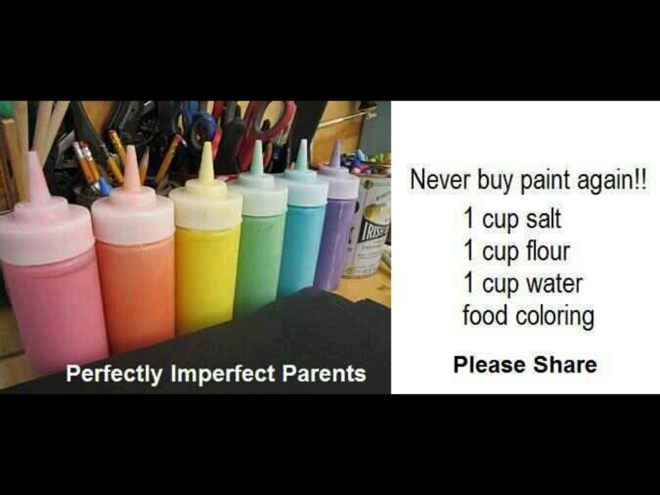 How to make homemade paint - 1 cup of salt, 1 cup of flour, 1 cup of water, and food coloring. Must try! 