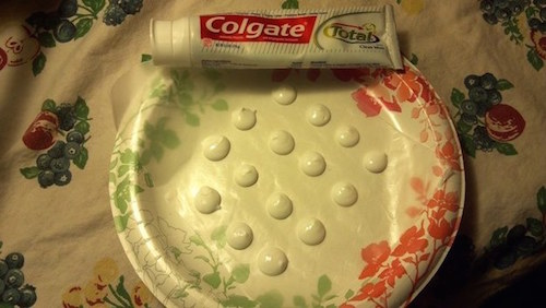 Camping toothpaste - make toothpaste dots, let them dry, sprinkle them with baking soda then pop them into a bag. When camping, put one in your mouth and chew–add water and brush.