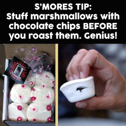 Why haven't I thought of this before? Stuff marshmallows with chocolate chips before you roast them. Great S'mores tip - must try! 