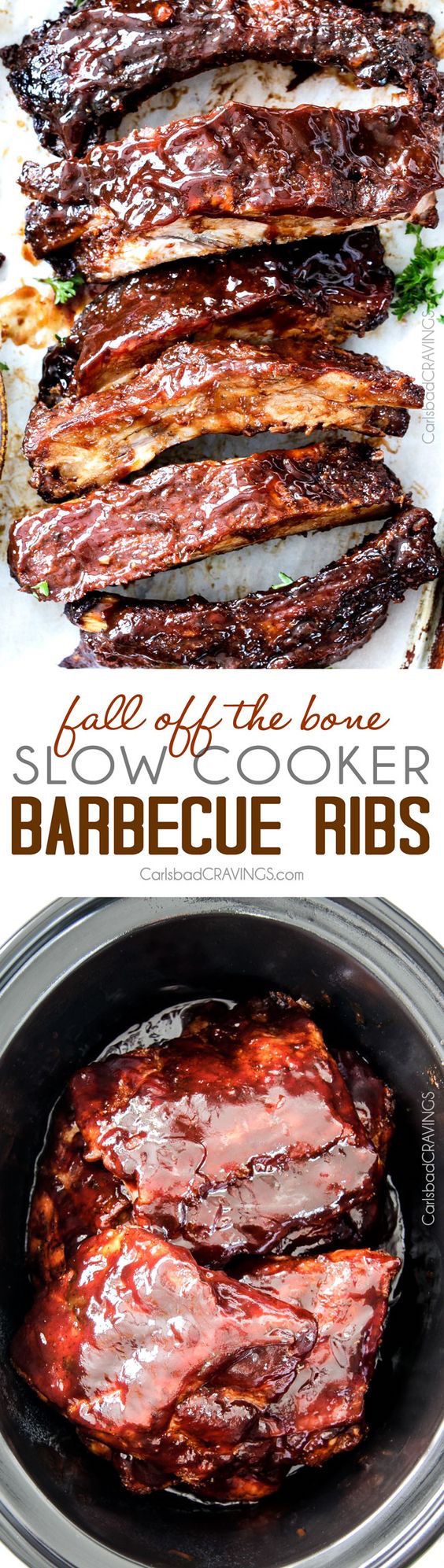 15 minute prep Fall-Off-the-Bone Slow Cooker Barbecue Ribs that everyone goes crazy for! They are slathered in the most incredible rub and barbecue sauce for amazing restaurant flavor. They are better and more tender than any restaurant! 