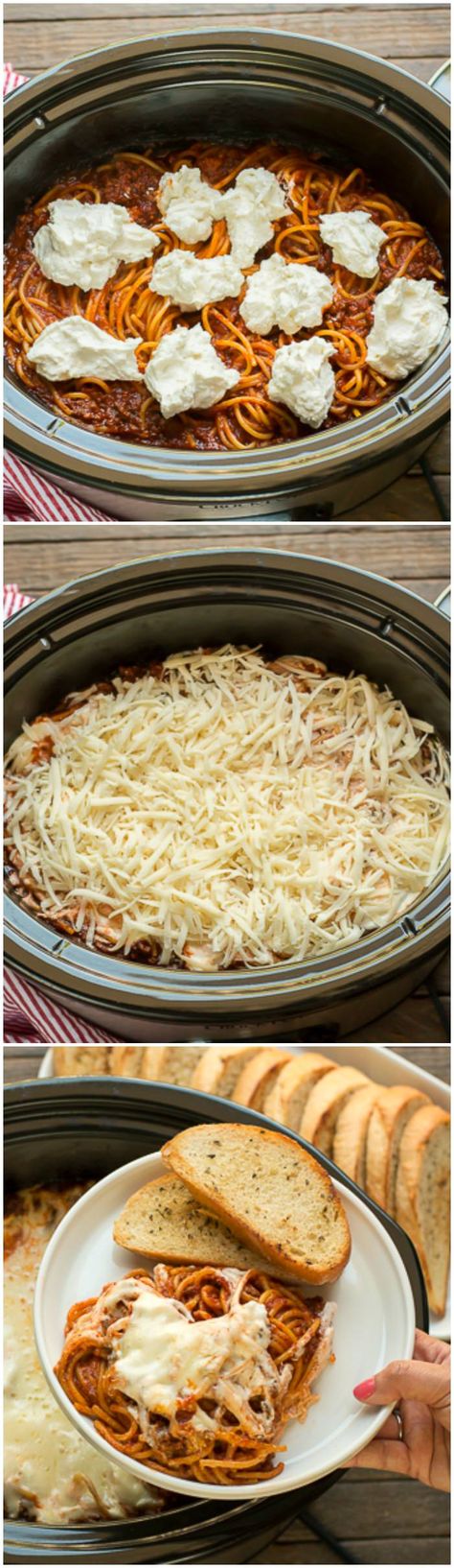 Slow Cooker Baked Spaghetti. This deluxe spaghetti is such a treat! It has a creamy layer baked in! 