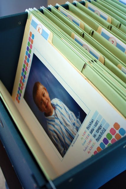 I wish my mom did this for me. File folders for K-12 to hold memorable school items and showcase that years school photo.