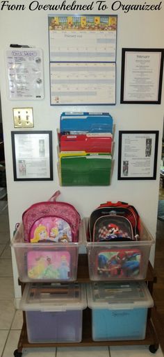 DIY Command Center for backpacks, lunchboxes, schedules, and files for a place to save the kids schoolwork. Brilliant! 