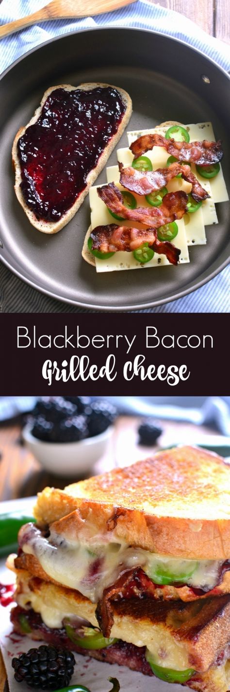 This Blackberry Bacon Grilled Cheese is the perfect combination of savory and sweet! Made with Swiss cheese, blackberry jam, fresh jalapeños, and crispy bacon, it's a must try for ALL sandwich lovers!