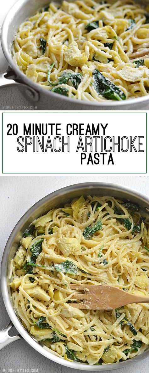 Make a delicious dinner with pantry staples in about 20 minutes with this one skillet Creamy Spinach Artichoke Pasta. Butter, garlic, artichoke, and more. 