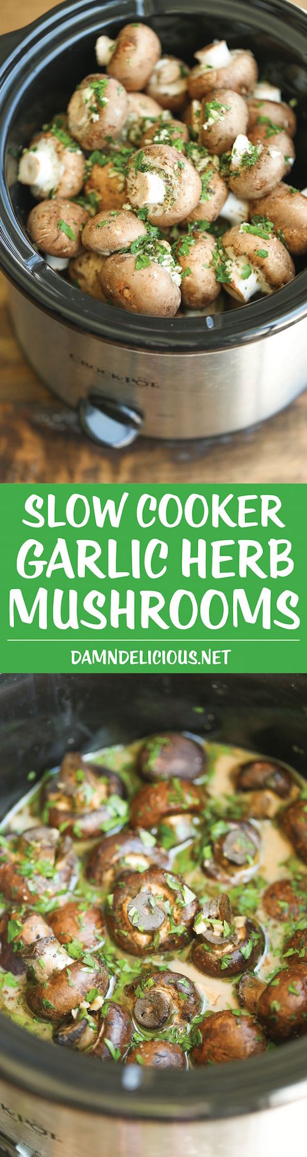 Slow Cooker Garlic Herb Mushrooms - The best and EASIEST way to make mushrooms - in a crockpot with garlic, herbs and of course, butter!