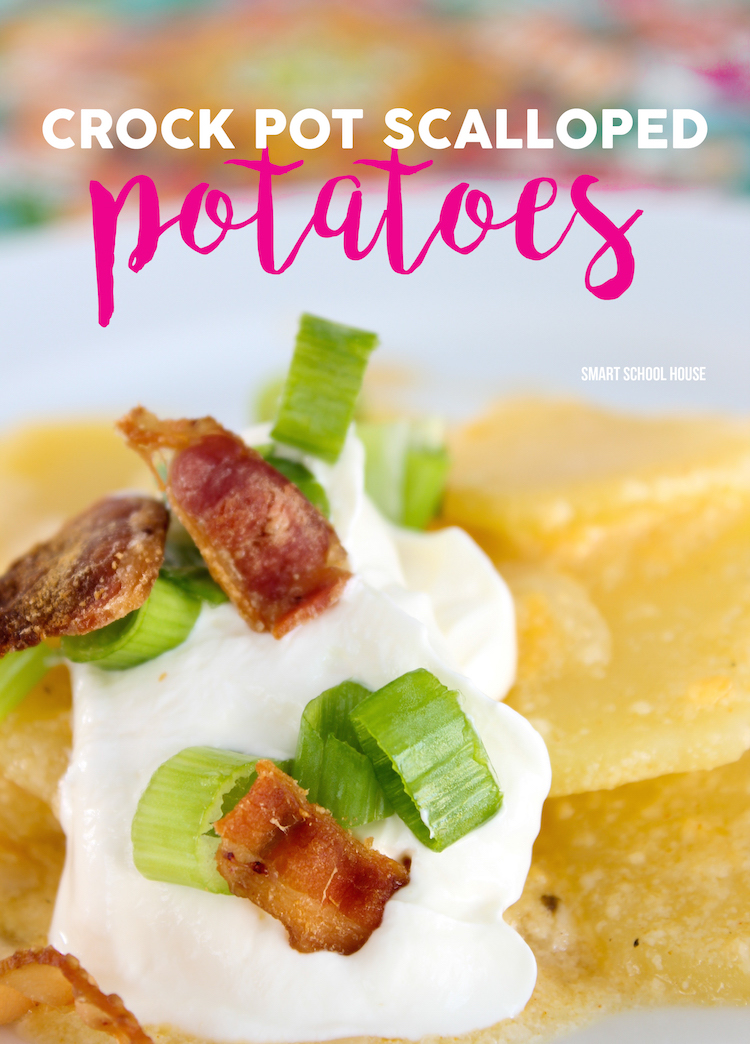 Quick and easy scalloped potatoes in the crockpot. Cheesy, creamy, slow cooker scalloped potatoes topped with bacon and sour cream. Dump and go recipe to make over and over again