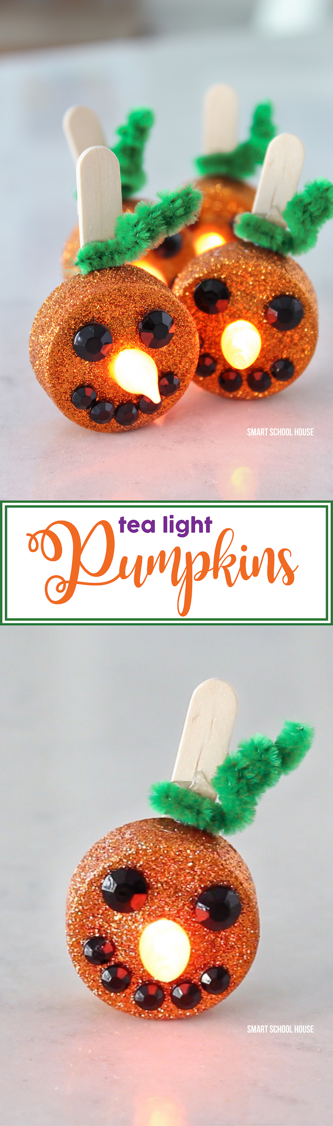 Tea Light Pumpkins - little orange flameless tea lights that stand up and smile! Turn on the candle and the flame becomes the glowing pumpkin nose. They are ADORABLE and so easy to make!
