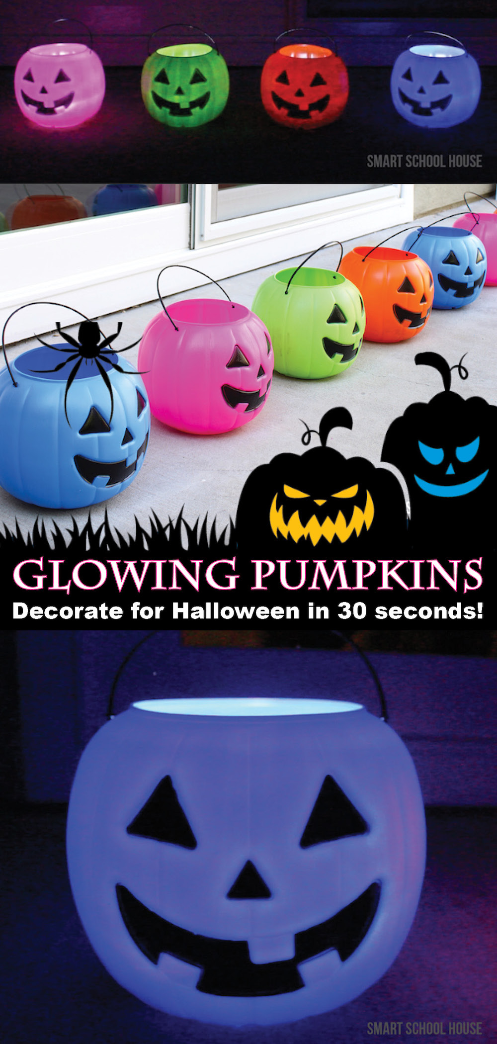 Glowing Pumpkin Pails - Decorate for Halloween in 30 seconds by setting out these glowing pumpkin pails! I got the colorful pumpkins for one dollar. They are SO ADORABLE! 