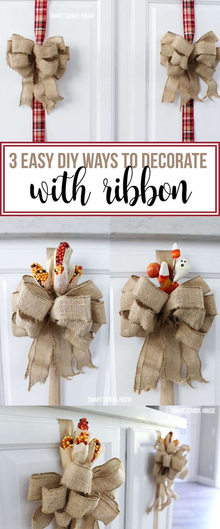 3 Easy ways to decorate with ribbon. Reuse ribbon on cupboards and switch up the patterns throughout the holidays. Inexpensive and ADORABLE! 
