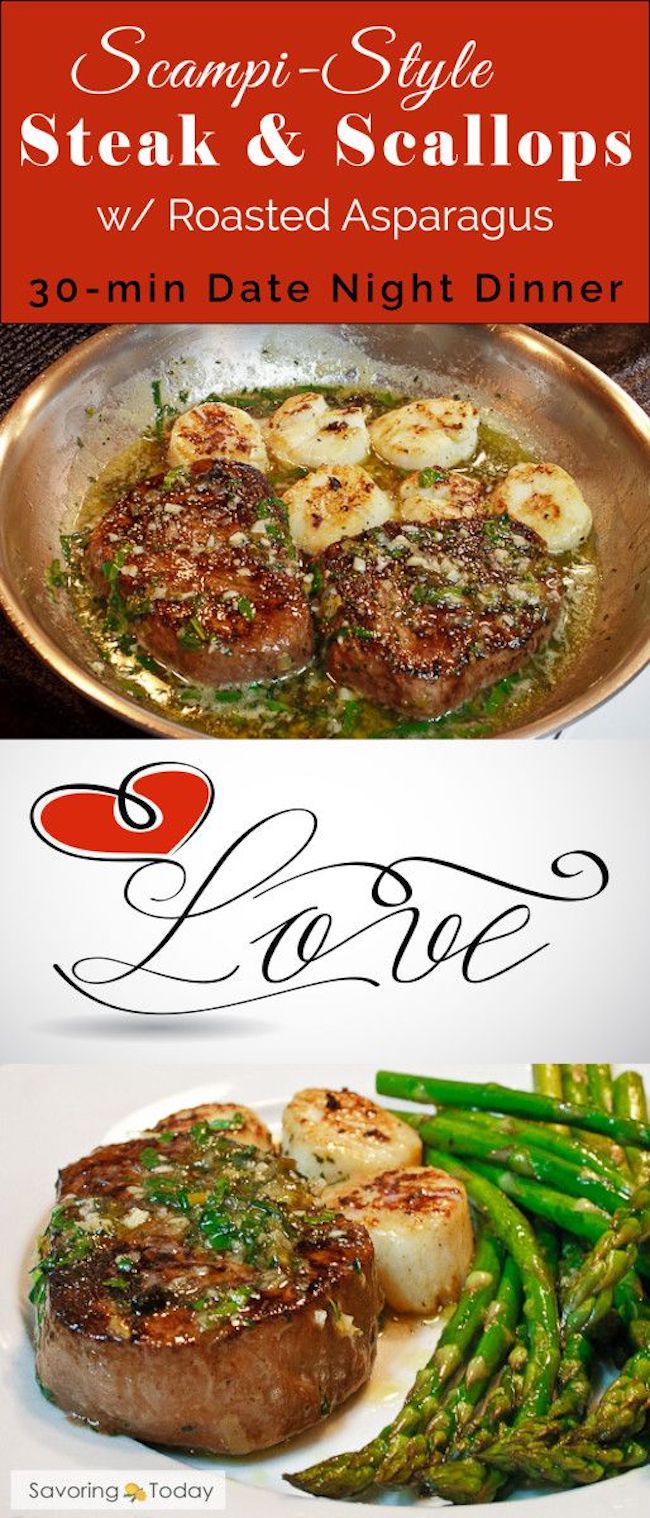 Scampi-Style Steak & Scallops. Surf and turf recipe! Create a romantic dinner at home for two with tenderloin steak seared in butter with scallops in subtle accents of lemon zest and white wine. 