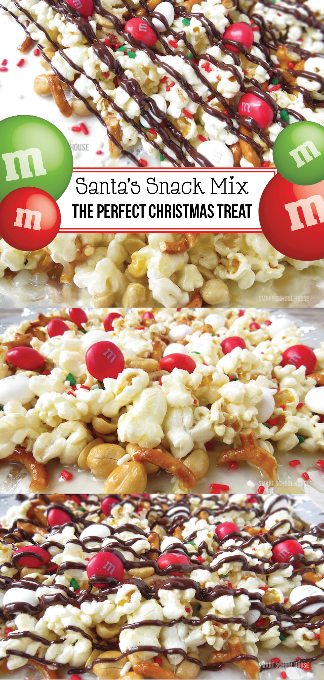 Santa's snack mix is an easy popcorn mix that is the perfect Christmas treat! Popcorn, pretzels, and nuts, coated with chocolate and mixed with M&Ms making the perfect sweet treat for parties or packaged for goody bags.