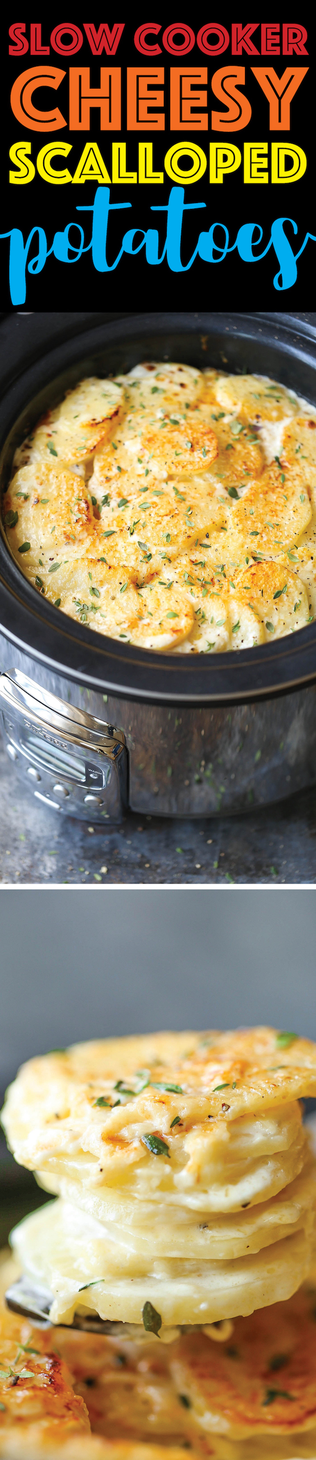 Slow Cooker Cheesy Scalloped Potatoes. This crockpot version of scalloped potatoes is so EASY, creamy, tender and cheesy! And it frees up your oven space! 