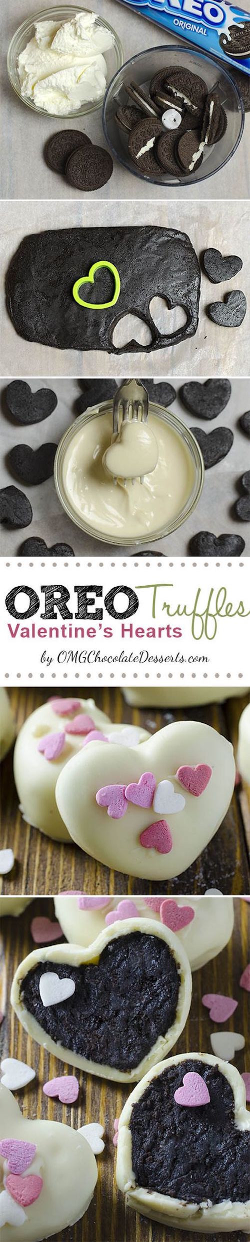 These are 3 ingredient heart shaped Oreo Cream Cheese Truffles covered with white chocolate, perfect for Valentine's Day