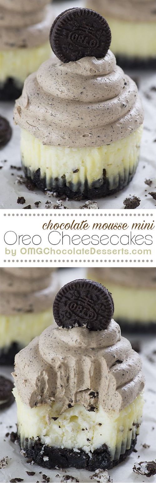 Chocolate Mousse Mini Oreo Cheesecakes - mini cheesecakes with thick Oreo cookie crust topped with light and creamy chocolate mousse. OMG!