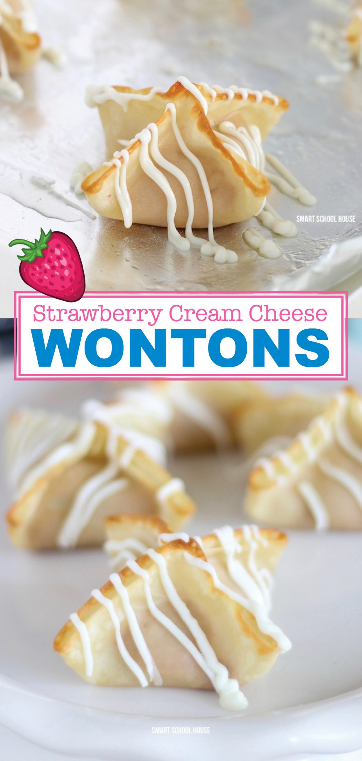 Strawberry Cream Cheese Wontons - 4 ingredient sweet and fluffy strawberry cream cheese mixed with buttery soft baked wonton flavor then drizzled in white chocolate.