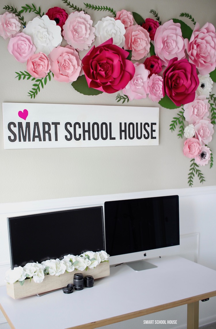 Smart School House office - paper flowers with a standing desk. 