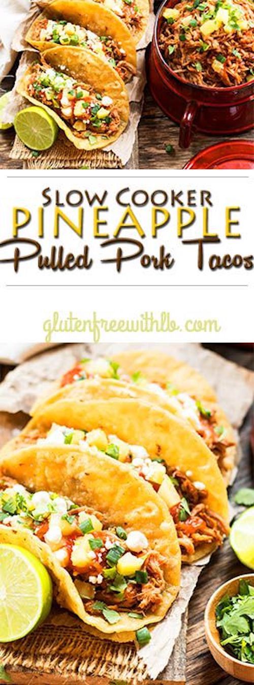Slow Cooker Pineapple Pulled Pork Tacos - A dinner recipe for pulled pork that is made in the Crock Pot with a yummy Pineapple BBQ sauce. Slow cooker pineapple pulled pork recipe that can be served in tacos or on a bun for a burger.