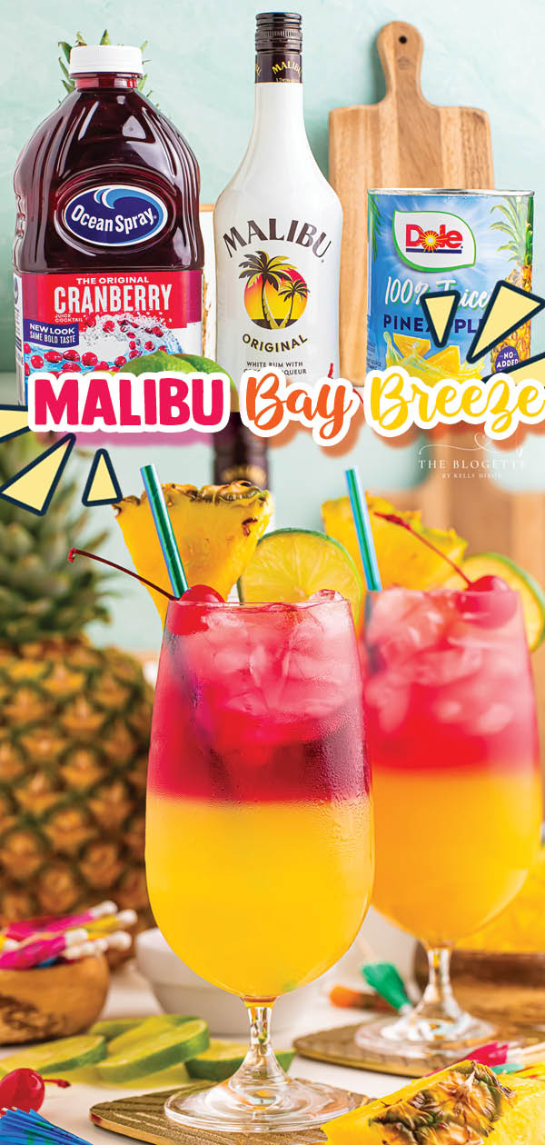 Make a beautiful Malibu Bay Breeze cocktail by layering pineapple juice, Malibu rum, and cranberry juice! Perfect all summer long!