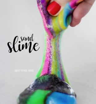 Sand Slime - how to make insanely colorful sand slime with only 3 ingredients (and NO food coloring)! It's stretchy but not sticky making it the perfect DIY craft for kids!