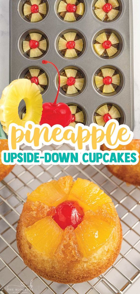 Easy Pineapple Upside Down Cupcakes Recipe! Soft moist cupcakes with tender pineapple pieces and cherry on top. 
