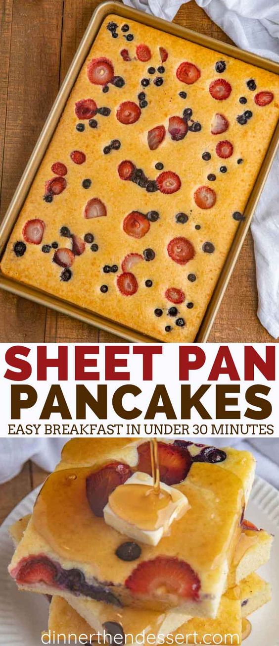 Sheet Pan Pancakes with mixed berries and homemade pancake batter let you make pancakes for a crowd without standing over the oven!