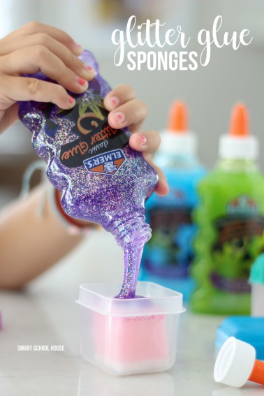 Glitter Glue Sponges: No more mess of drippy glue puddles! STEP BY STEP INSTRUCTIONS for how to make glue sponges. Use glue sponges for classrooms, small group centers, homework, artwork, etc.