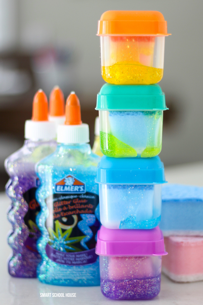 Glitter Glue Sponges: No more mess of drippy glue puddles! STEP BY STEP INSTRUCTIONS for how to make glue sponges. Use glue sponges for classrooms, small group centers, homework, artwork, etc. 