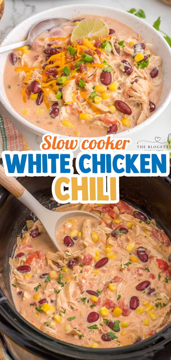 Slow Cooker White Chicken Chili is a mouthwatering dish that is a perfect blend of creamy flavors. The BEST crock pot chicken chili recipe!