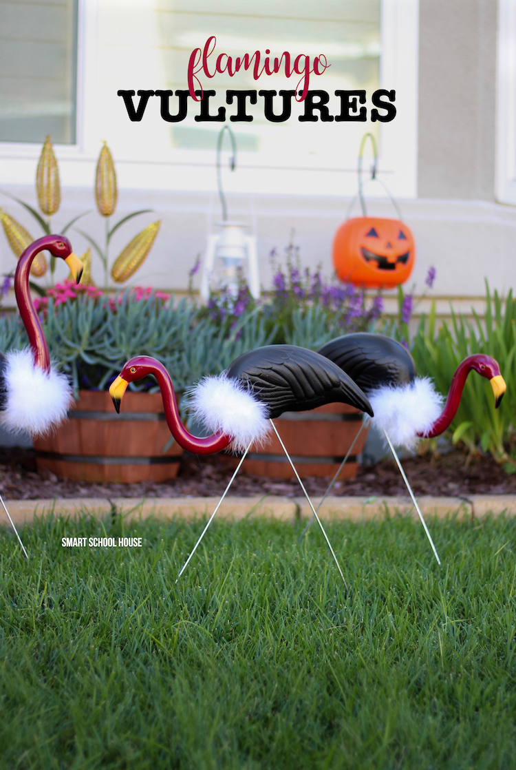 How to Make Flamingo Vultures - Turn pink lawn flamingos into vultures using some spray paint and a white boa around the neck. DIY flamingo buzzards.