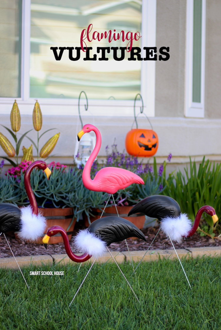How to Make Flamingo Vultures - Turn pink lawn flamingos into vultures using some spray paint and a white boa around the neck. DIY flamingo buzzards. 
