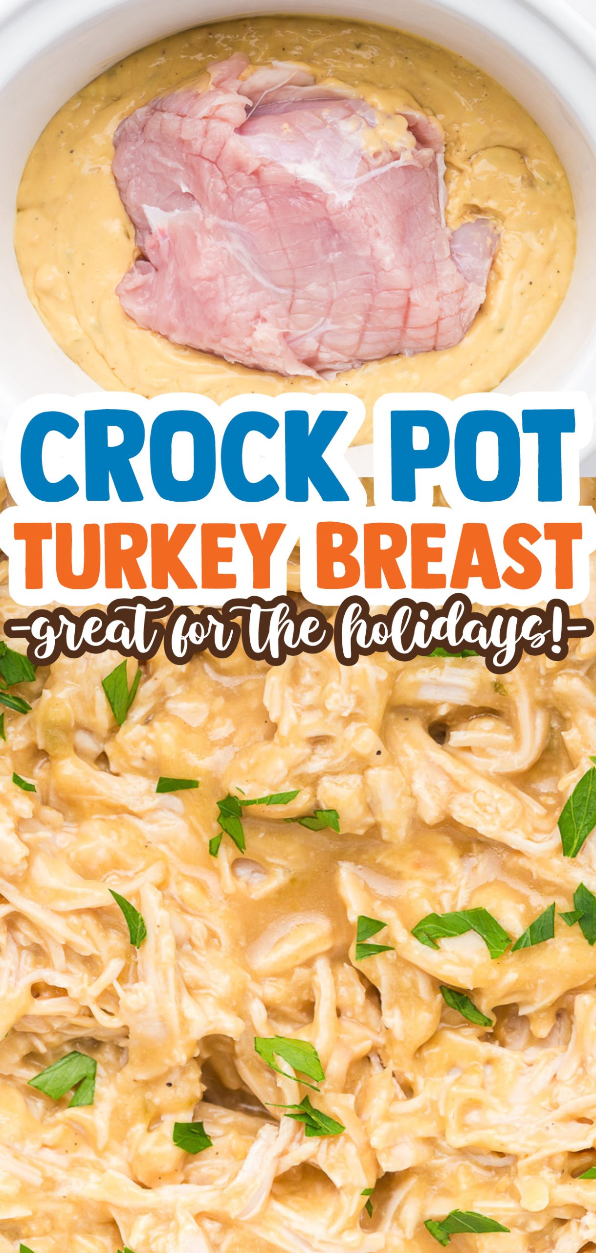 Shredded Crock Pot Turkey Breasts in a delicious gravy! This slow cooker turkey breast recipe is the easiest and tastiest way to cook a turkey breast. No need for a big turkey at Thanksgiving? Try this!