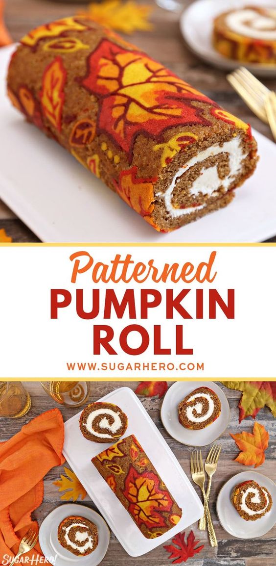Patterned Pumpkin Roll - a moist pumpkin cake with a pumpkin spice cream cheese filling is decorated with a gorgeous autumn leaf design. This cake will be the star of your dessert table!