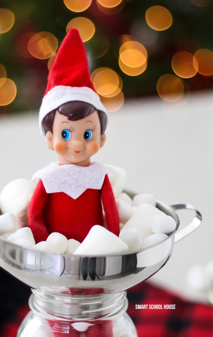 Elf on the Shelf in a Jar of Marshmallows for Christmas. #ElfOnTheShelf #ElfOnTheShelfIdea #ElfOnTheShelfIdeas #EasyElfOnTheShelfIdea