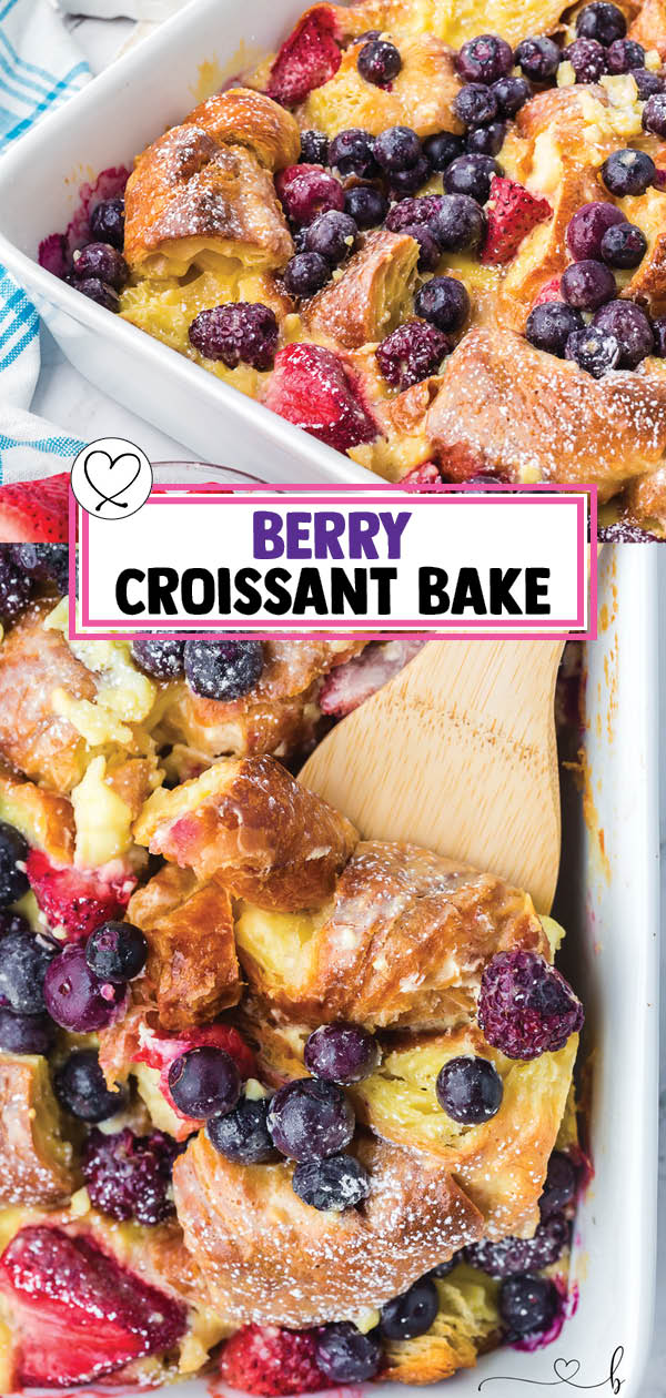 This delicious make-ahead Berry Croissant Bake has layers of buttery croissants, fresh berries, and a creamy custard. Prepare it the night before and pop it in the oven for an easy school breakfast.