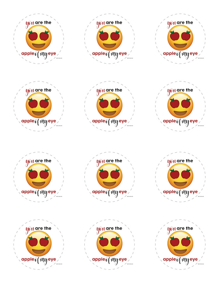 You are the APPLE OF MY EYE free Valentine printable for applesauce pouches. Emoji with apple eyes. 