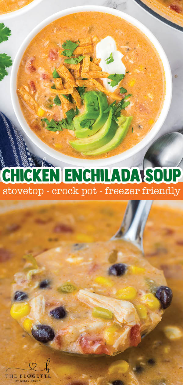 Chicken Enchilada Soup can be served as a fun appetizer, side dish, or light dinner! This delicious chicken enchilada soup is thick, creamy, and cheesy. It includes a stovetop, crock pot, and freezer-friendly recipe!