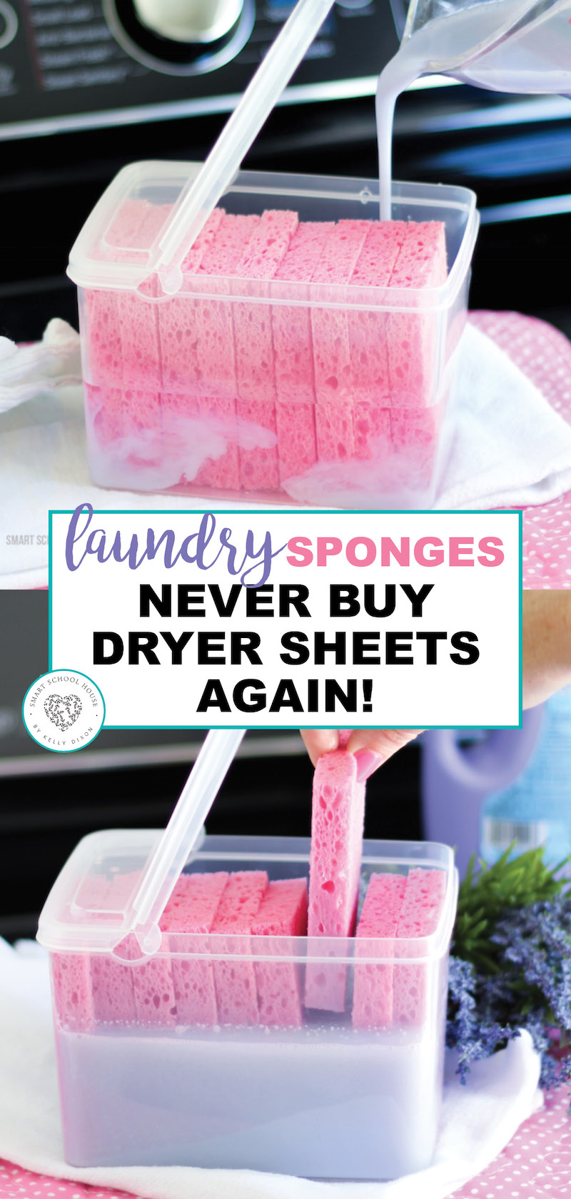 Who doesn't love the smell of lavender and saving money. Learn how to make lavender laundry sponges. You will never have to buy dryer sheets again. It will soften your clothes and make them smell great. Try making these today. BONUS: printable label included. #lavender #fabricsoftener #lavendersponges #laundry #diyfabricsoftener #easy #diydryersheets #smartschoolhouse