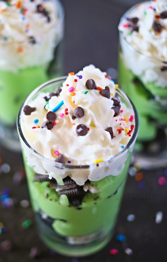 If you are having a St. Patrick’s Day party – these Leprechaun Dessert Shooters would be so much fun. The little addition of the whipped cream looks like clouds & then the rainbow sprinkles are just the perfect finishing touch.
