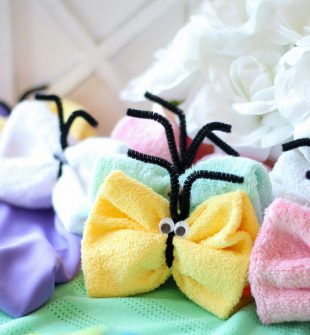 Step by step visual instructions teaching you how to make washcloth butterflies. An adorable and easy craft idea for kids too!