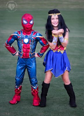 Wonder Woman and Iron Spider kids costumes for siblings
