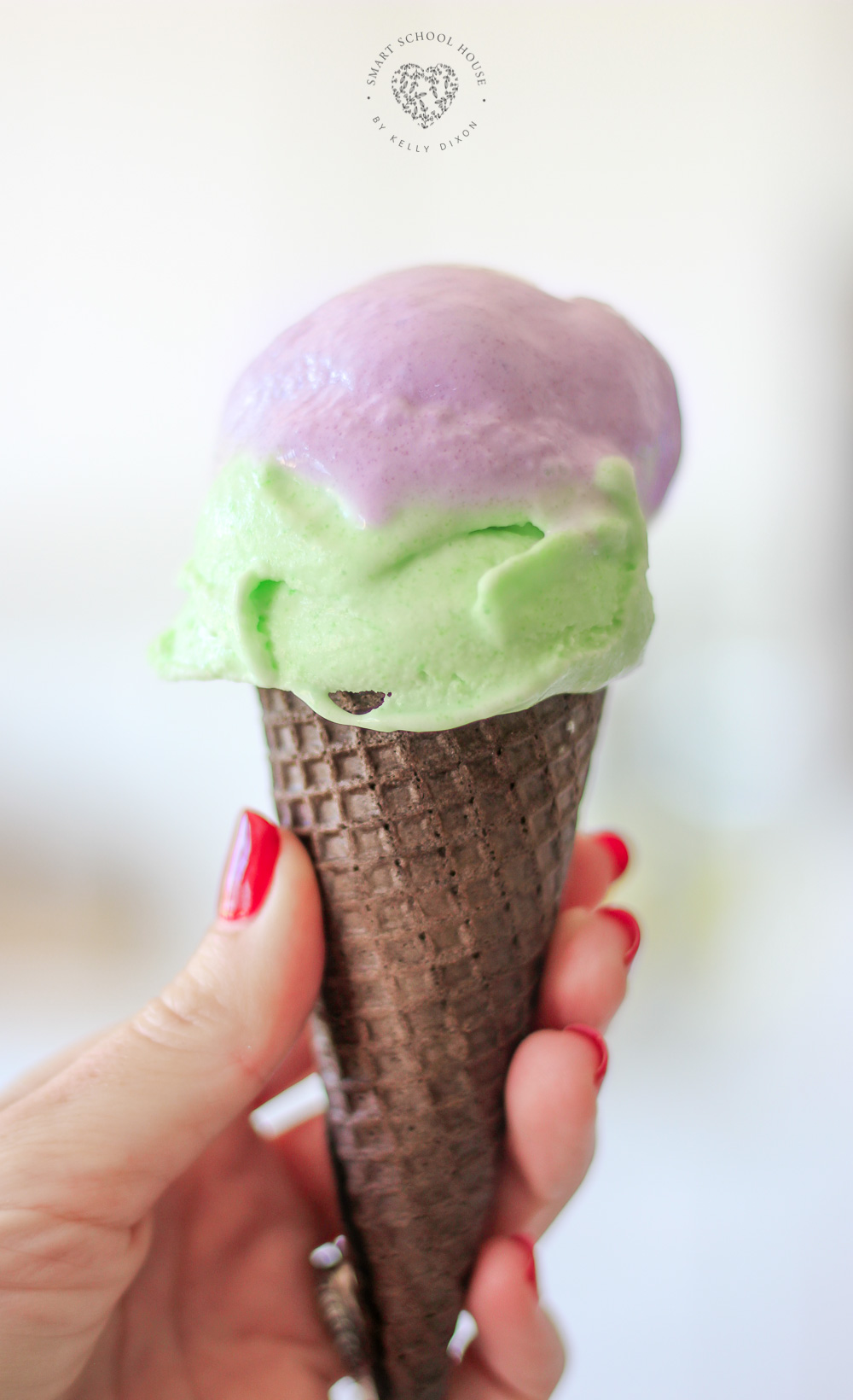 Halloween Ice Cream Made with Jello. The purple and green ice cream with the black cone reminds me of a witch! Fun and EASY dessert for Halloween. #Halloween #HalloweenFood #WitchIceCream #JelloIceCream #HalloweenDessert #Homemade 
