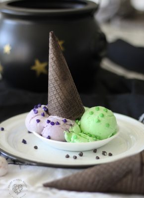 Halloween Ice Cream Made with Jello. The purple and green ice cream with the black cone reminds me of a witch! Fun and EASY dessert for Halloween. #Halloween #HalloweenFood #WitchIceCream #JelloIceCream #HalloweenDessert #Homemade