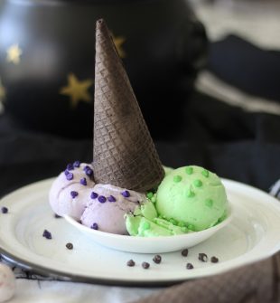 Halloween Ice Cream Made with Jello. The purple and green ice cream with the black cone reminds me of a witch! Fun and EASY dessert for Halloween. #Halloween #HalloweenFood #WitchIceCream #JelloIceCream #HalloweenDessert #Homemade