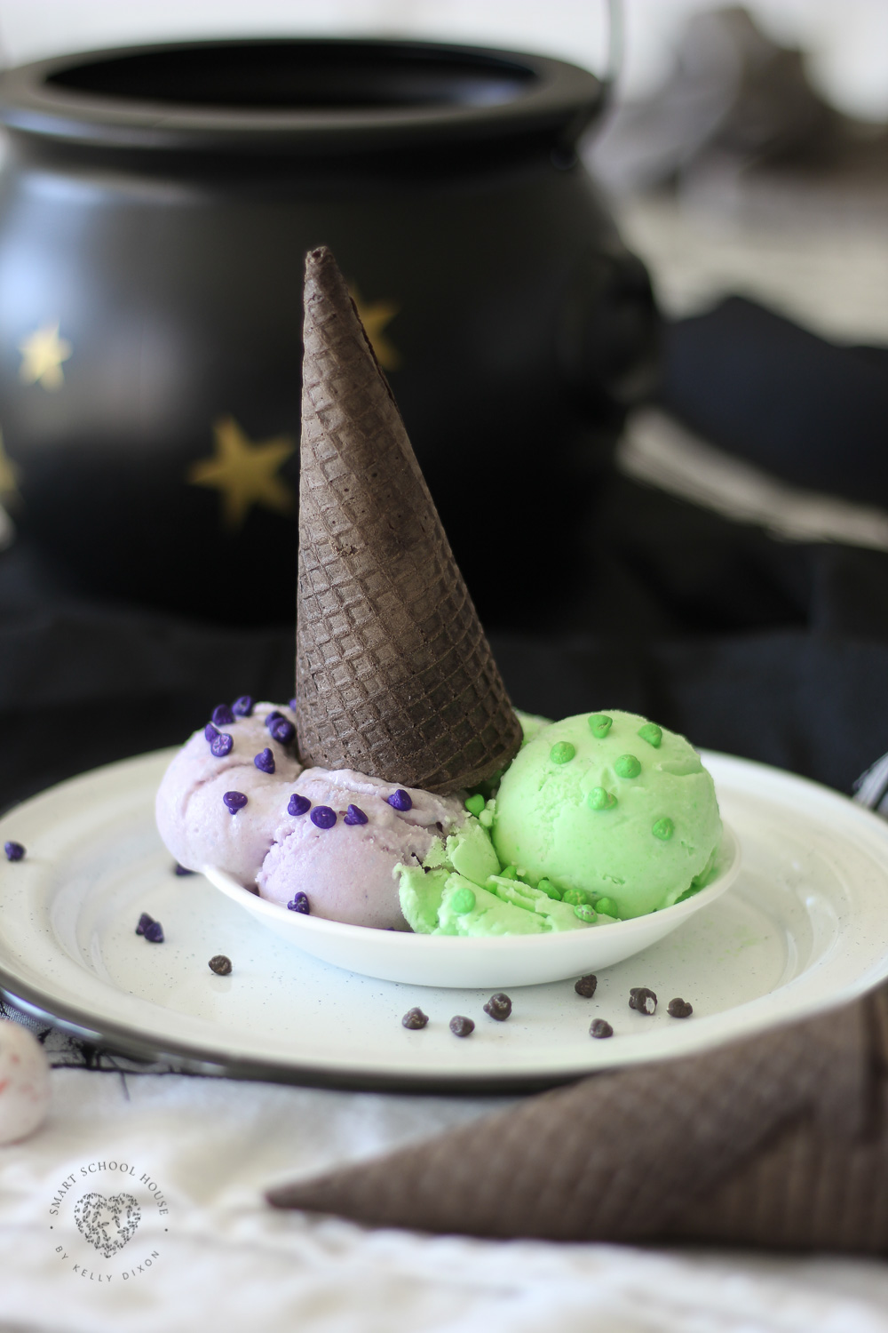 Halloween Ice Cream Made with Jello. The purple and green ice cream with the black cone reminds me of a witch! Fun and EASY dessert for Halloween. #Halloween #HalloweenFood #WitchIceCream #JelloIceCream #HalloweenDessert #Homemade 